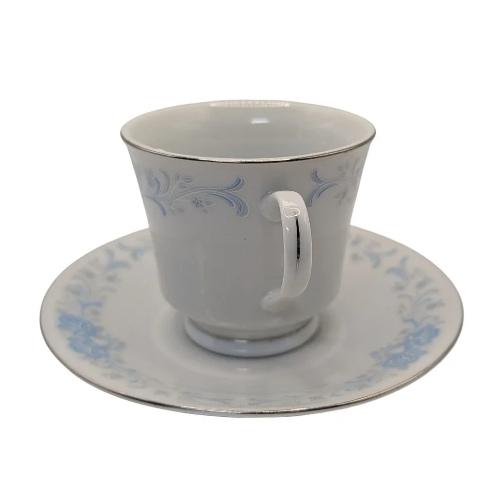 Vintage China‎ Teacup and Saucer Footed Blue and Gray Floral Platinum Edge